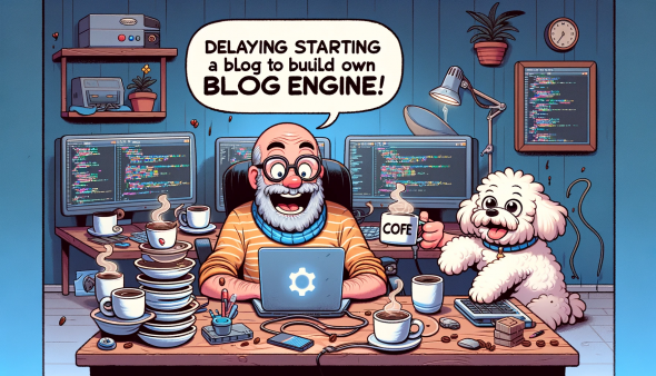A developer building a blog engine with the assistance of a dog